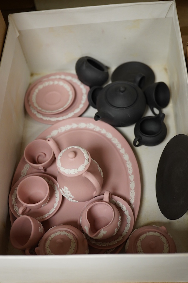 A collection of mixed Wedgwood jasperware, Coalport and Spode miniature teawares.